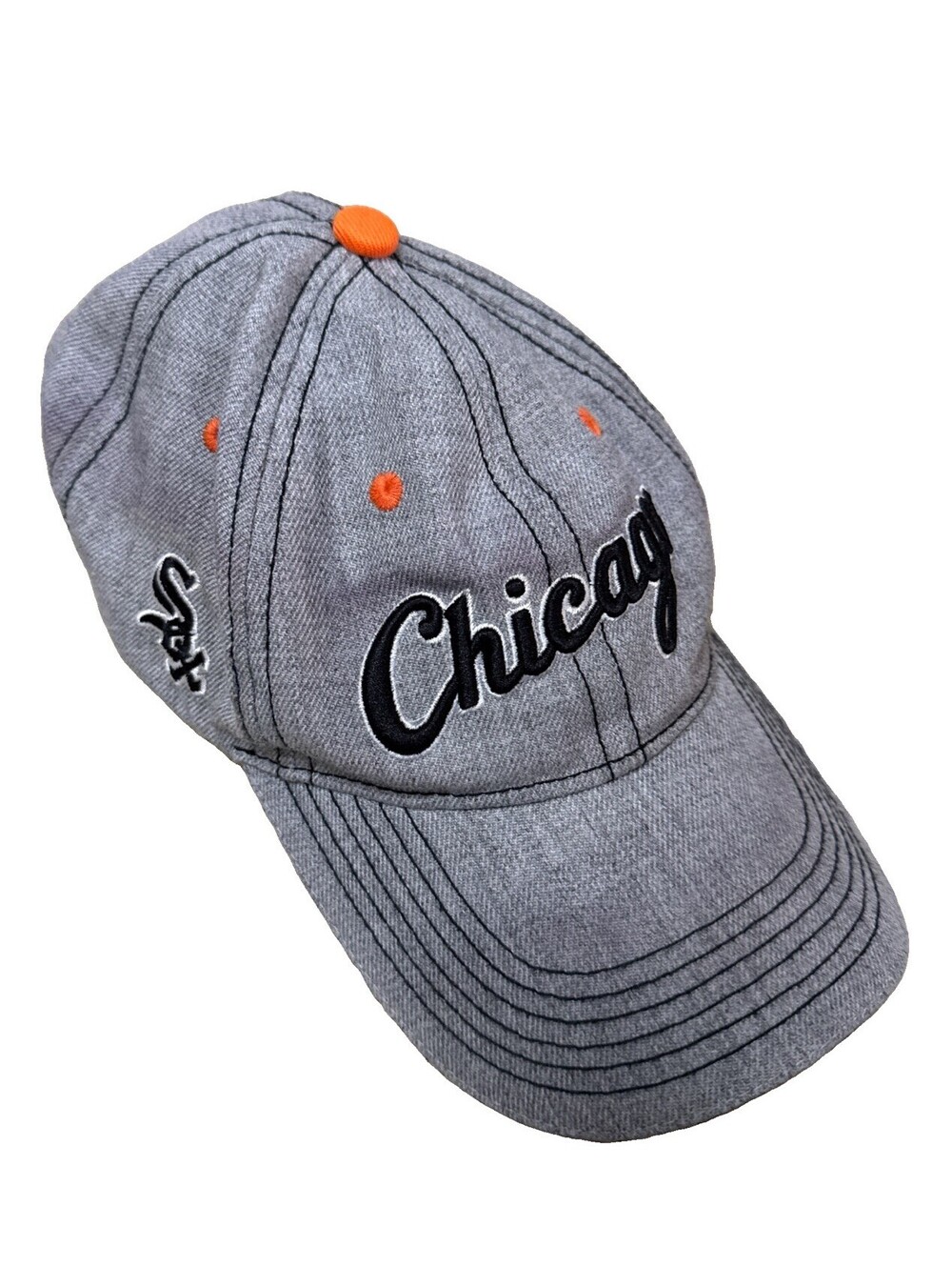 Chicago White Sox SGA The Private Bank Strapback Script Hat - Grey and Orange